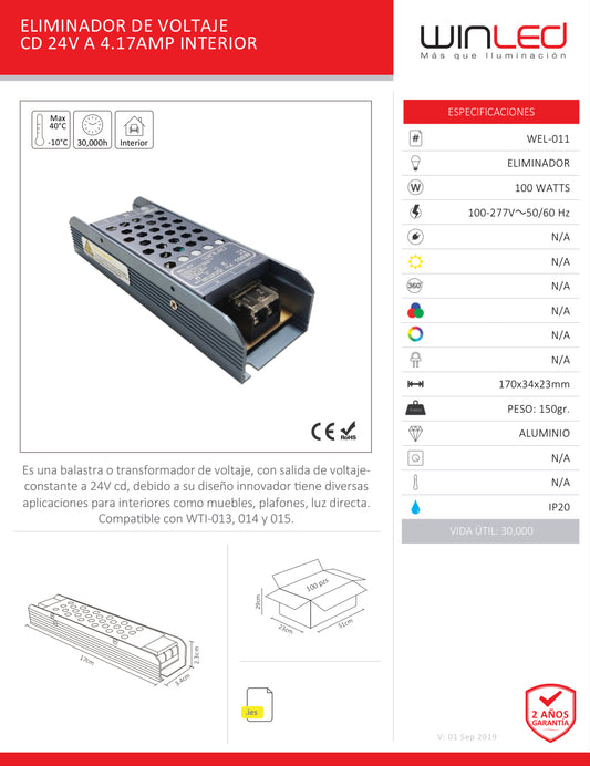 FUENTE DE PODER SLIM ALUM 90-260VCA A CD24V 100W INTERIOR WEL-011