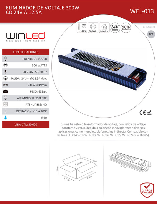 UENTE DE PODER ALUM 300W 90-260VCA A CD24V 12.5A INTERIOR IP20 WINLED WEL-013