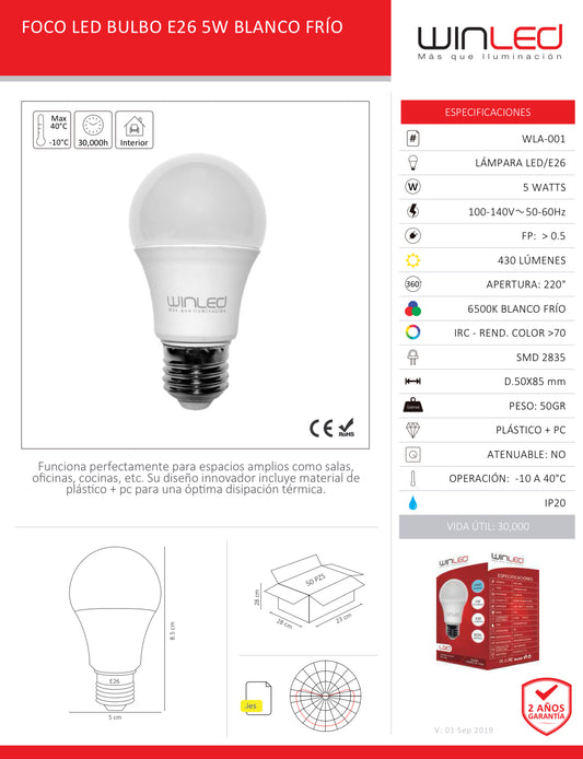 FOCO LED BULBO E26 5W BLANCO FRÍO WINLED WLA-001