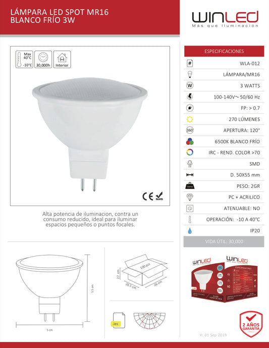 LAMPARA LED SPOT MR16 BLANCO FRIO 3W WINLED WLA-012