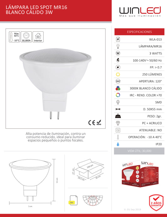 LAMPARA LED SPOT MR16 3W BLANCO CALIDO WLA-013