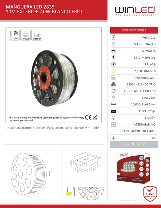 MANGUERA LED 2835 ROLLO 10M EXTERIOR BLANCO FRIO WINLAD WMA-012