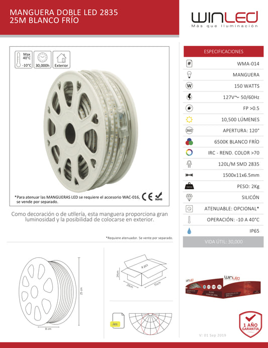 MANGUERA DOBLE LED 2835 ROLLO 25M EXTERIOR BLANCO FRIO WINLED WMA-014
