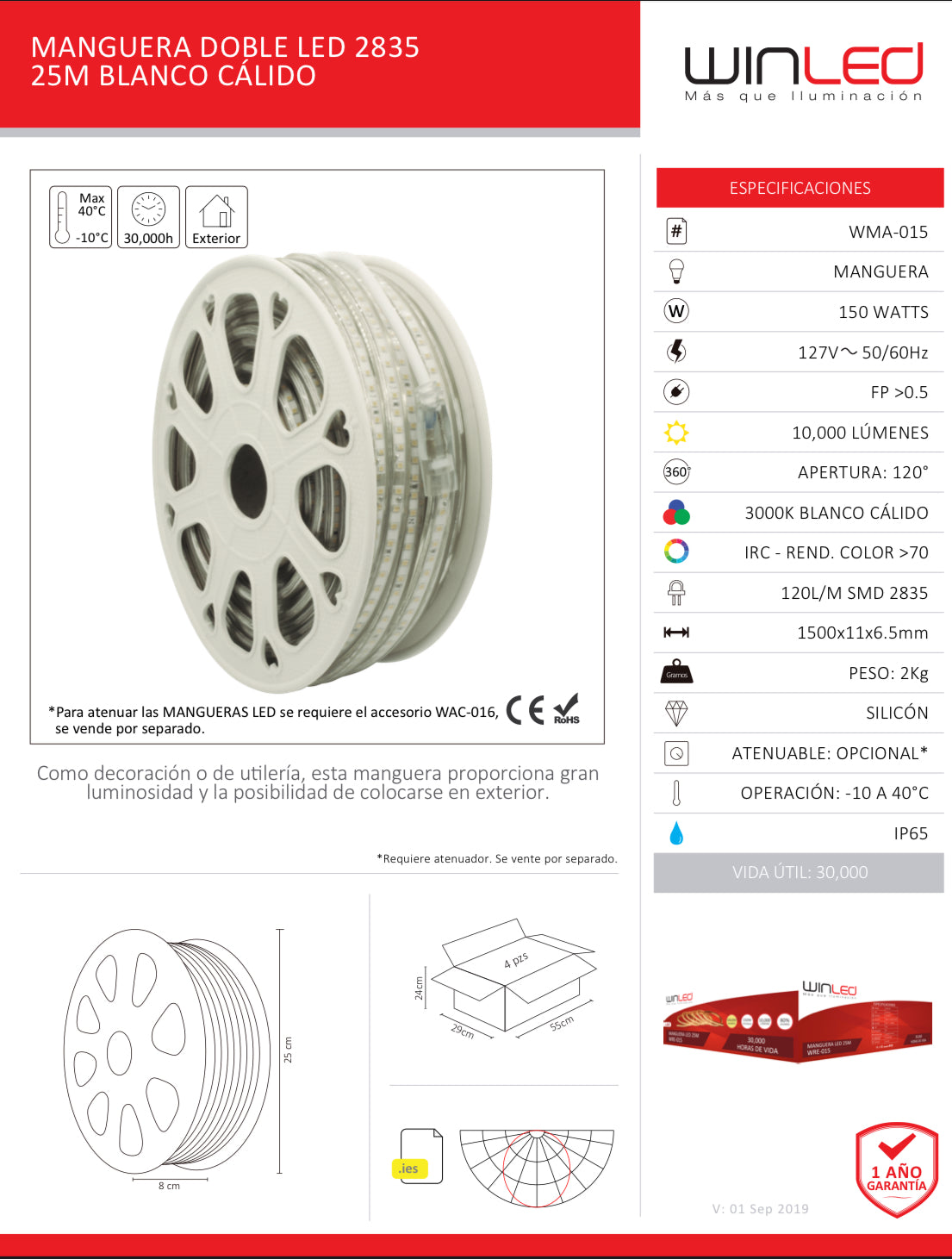 MANGUERA DOBLE LED 2835 ROLLO 25M EXTERIOR BLANCO CALIDO WINLED WMA-015