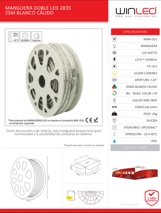 MANGUERA DOBLE LED 2835 ROLLO 25M EXTERIOR BLANCO CALIDO WINLED WMA-015