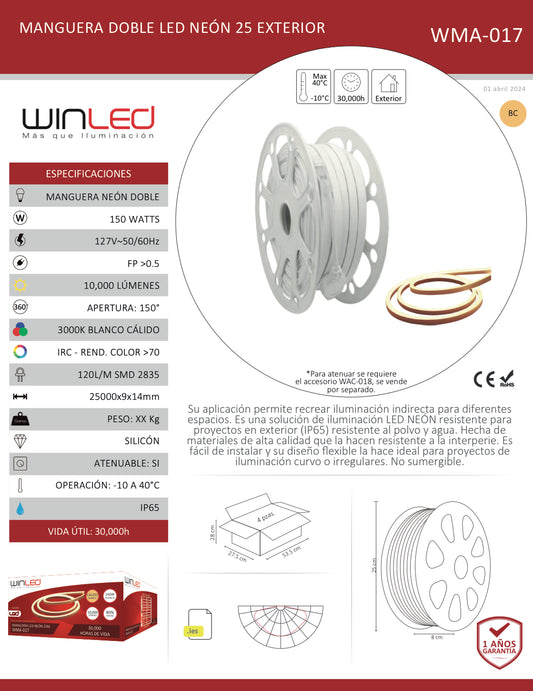 MANGUERA NEON DOBLE LED 2835 25M BLANCO CÁLIDO WINLED WMA-017