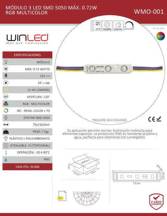 MODULO 3 LEDS SMD5050 0.72W RGB EXTERIOR WINLED WMO-001