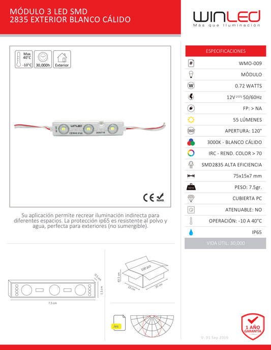 MODULO 3 LEDS SMD2835 1.2W 12VCD EXTERIOR IP65 BLANCO CALIDO 3000K WINLED WMO-009
