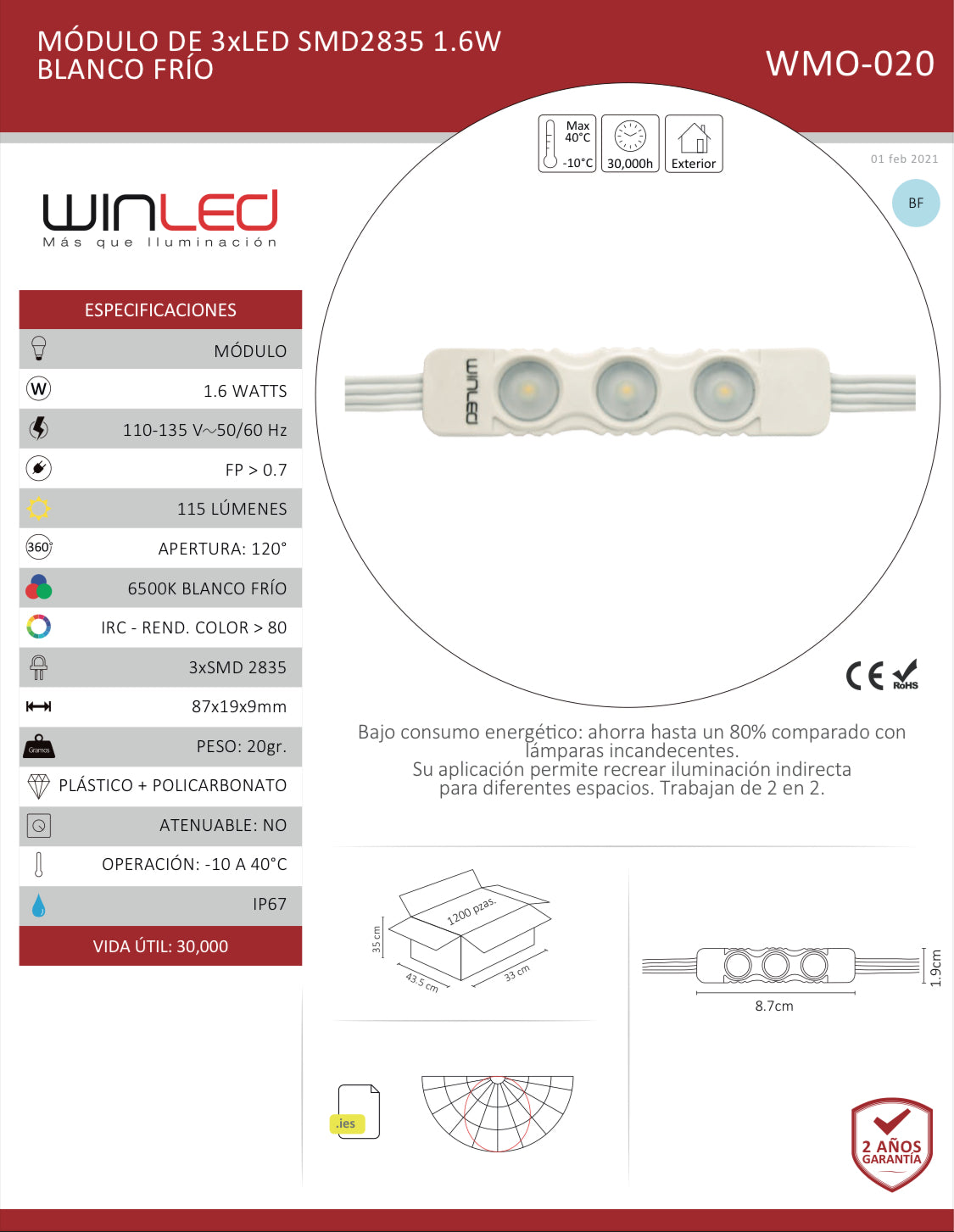 MODULO 3 LEDS SMD2835 1.6W BLANCO FRIO WINLED WMO-020