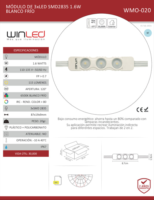 MODULO 3 LEDS SMD2835 1.6W BLANCO FRIO WINLED WMO-020