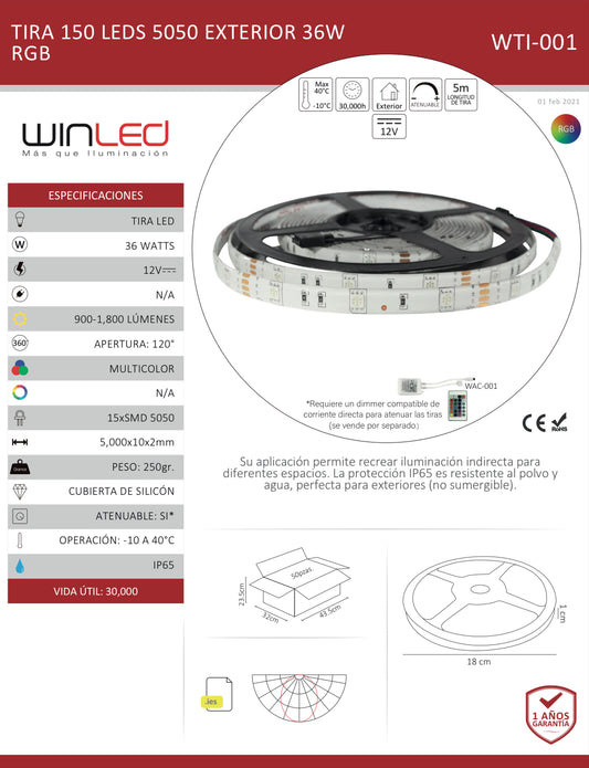 TIRA 150 LEDS 5050 5M 36W EXTERIOR RGB WTI-001 WINLED