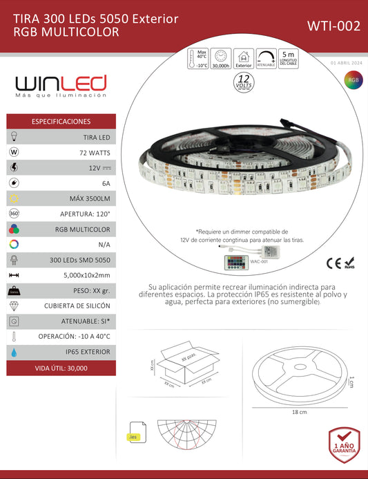 TIRA 300 LED 5050 5M 72W EXTERIOR RGB WTI-002 WINLED