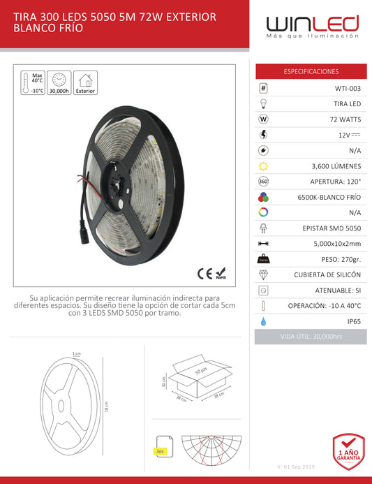 TIRA 300 LED 5050 5M 72W EXTERIOR BLANCO FRIO WTI-003 WINLED