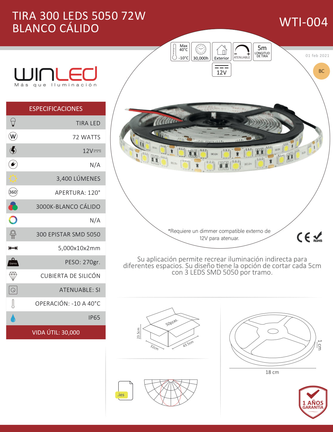 TIRA 300 LED 5050 72W EXTERIOR BLANCO CALIDO WTI-004 WINLED