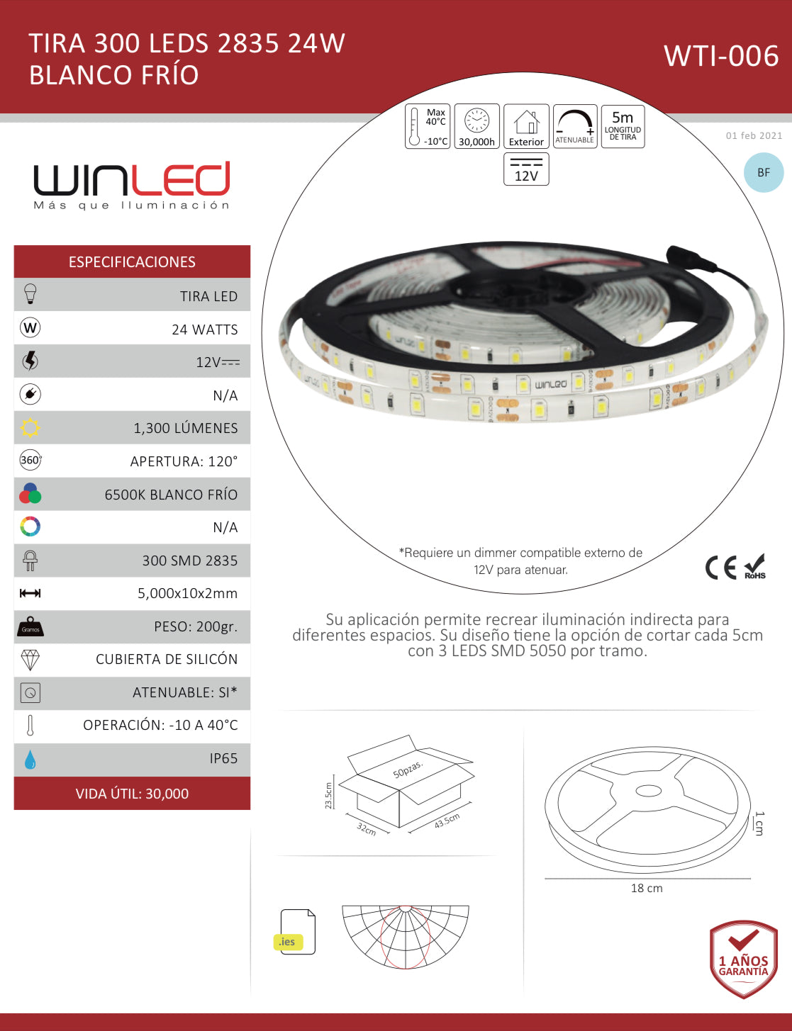TIRA 300 LED 2835 5M 24W EXTERIOR BLANCO FRIO WTI-006 WINLED