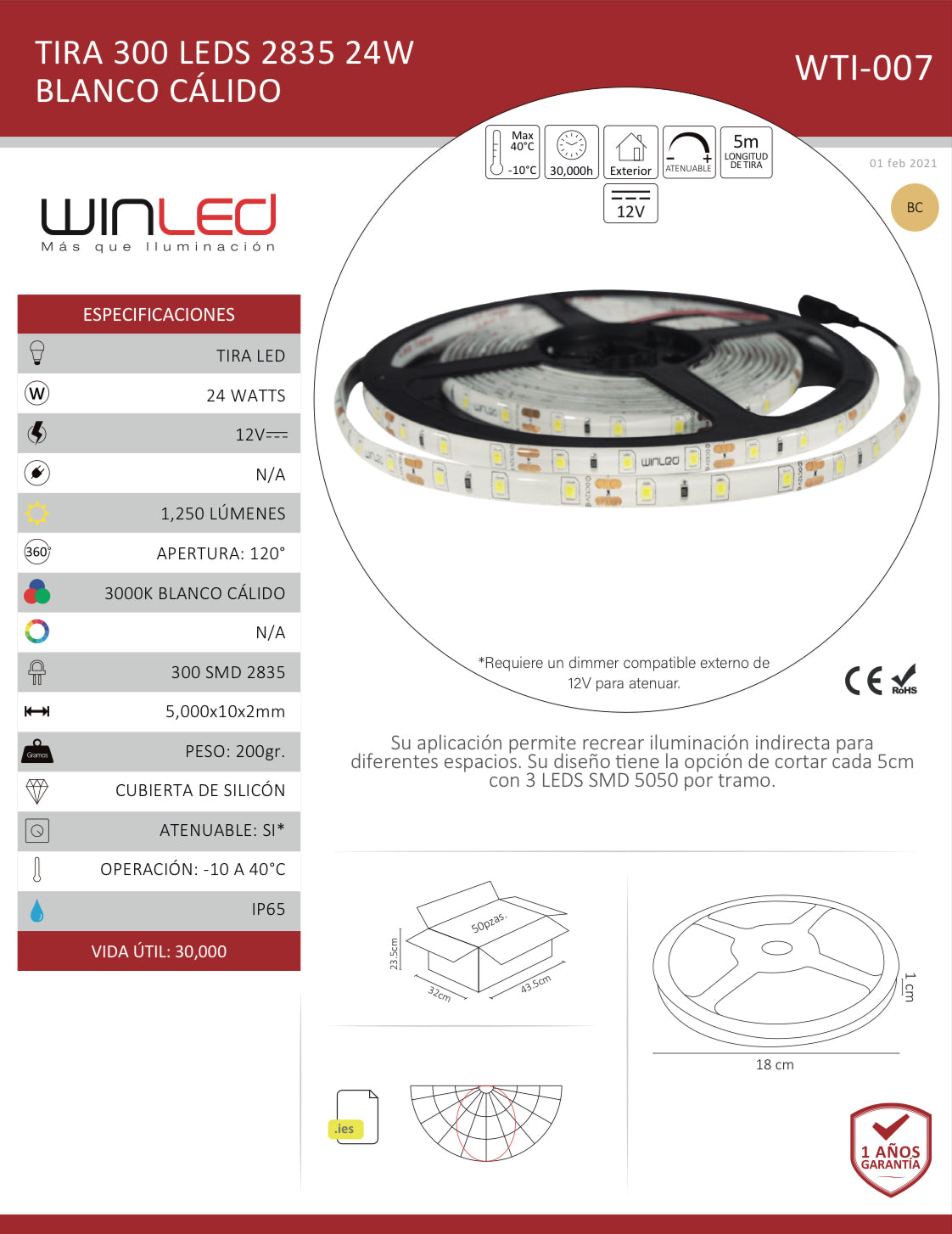 TIRA 300 LED 2835 5M 24W EXTERIOR BLANCO CALIDO WTI-007 WINLED