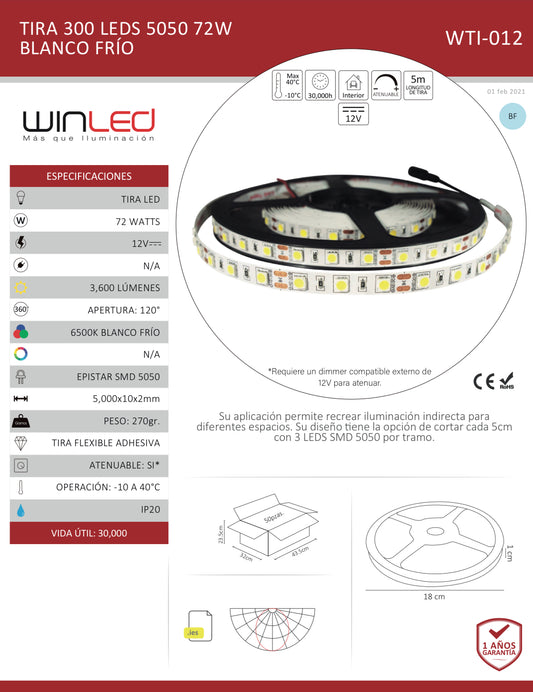 TIRA 300 LED 5050 5M 72W INTERIOR BLANCO FRIO WTI-012 WINLED