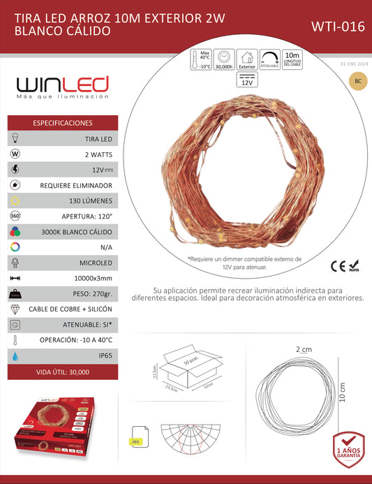 TIRA LED ARROZ 10M 2W EXTERIOR BLANCO CALIDO WTI-016 WINLED