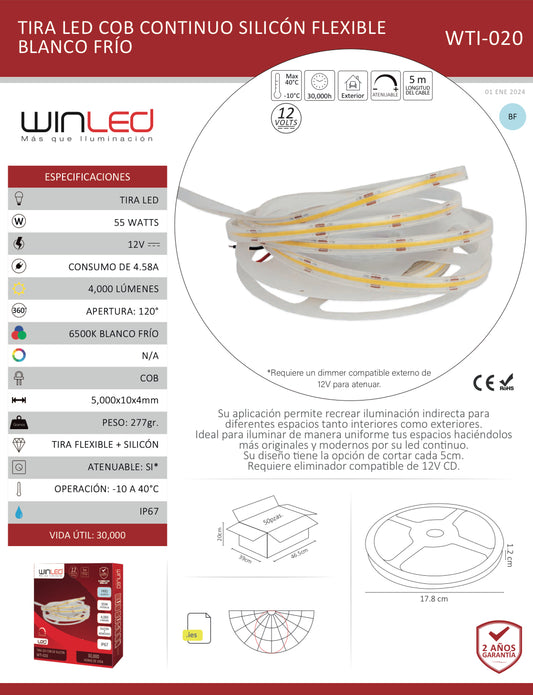 TIRA 1,600 LEDS CONTINUO COB SILICÓN FLEXIBLE 5M 55W 12VCD EXTERIOR IP67 BLANCO FRÍO 6500K WINLED WTI-020