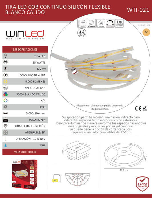 TIRA 1,600 LEDS CONTINUO COB SILICÓN FLEXIBLE 5M 55W 12VCD EXTERIOR IP67 BLANCO CÁLIDO WINLED WTI-021