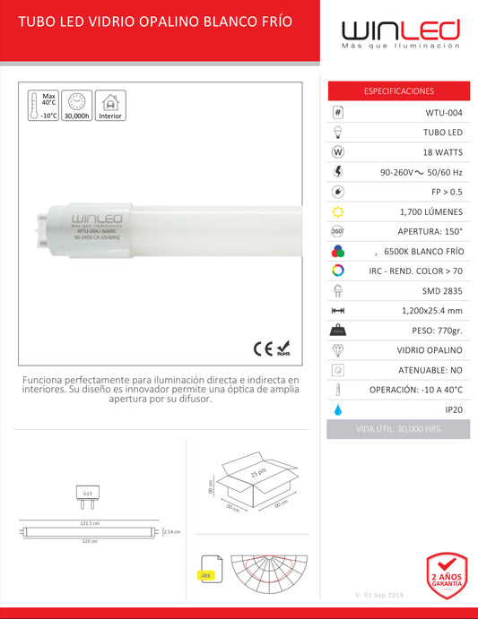 TUBO LED VIDRIO 1.2MTS 18W OPALINO WINLED WTU-004