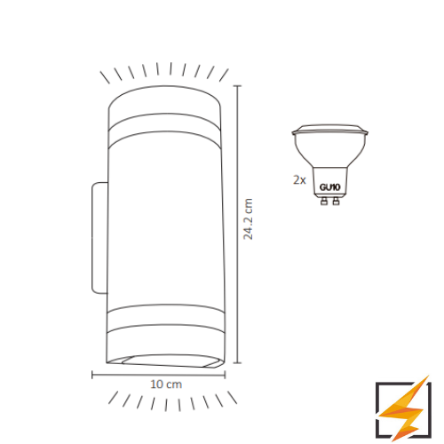 LUMINARIA PARED CILINDRO ALUMINIO NEGRA DOBLE ARO EXTERIOR BASES GU10 ADE-006