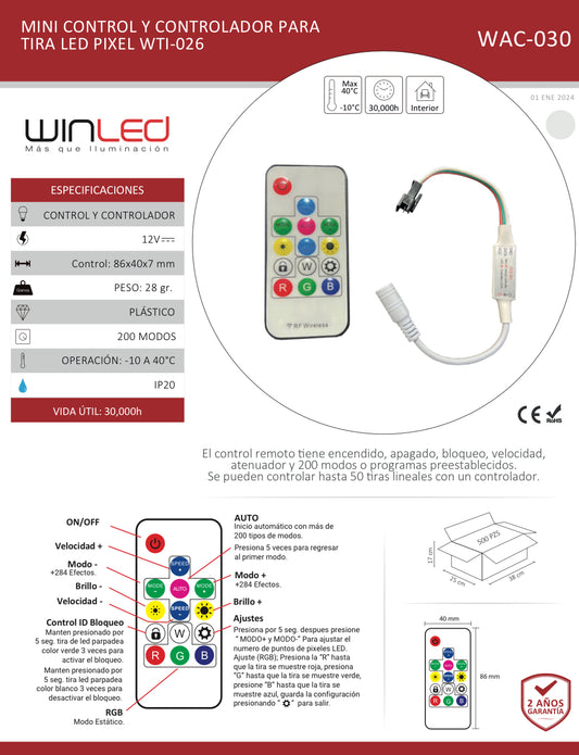 MINI CONTROL Y CONTROLADOR PARA TIRA LED PIXEL WTI-026 (WAC-030)