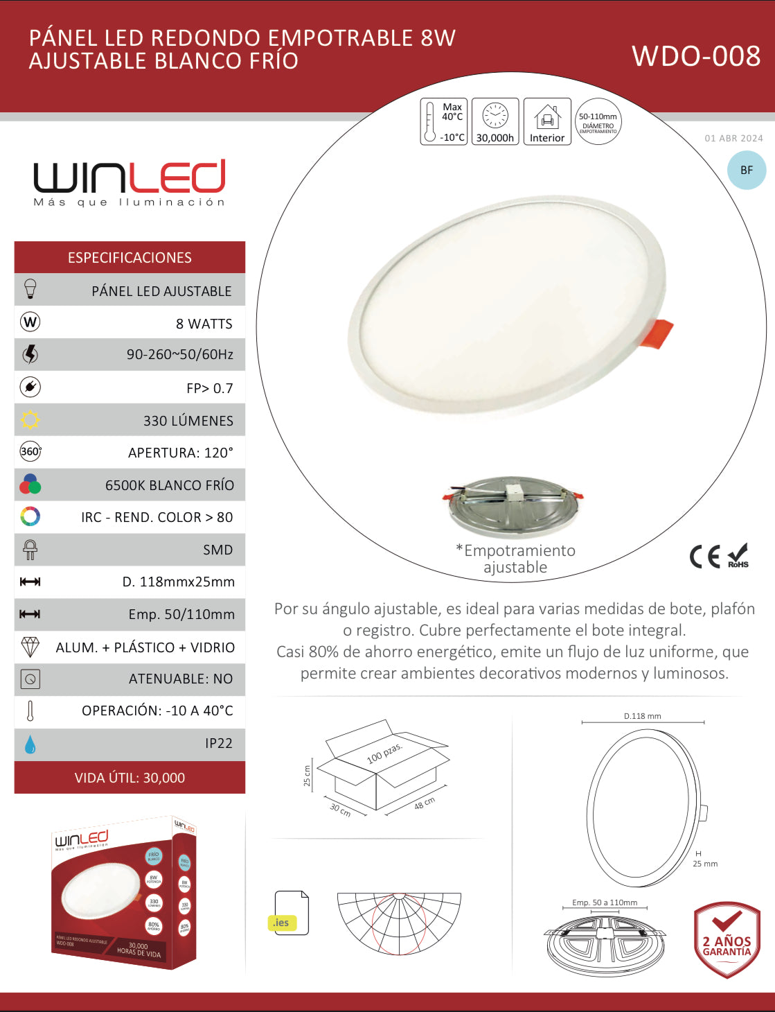 PÁNEL LED REDONDO EMPOTRABLE 8W AJUSTABLE BLANCO FRIO WINLED WDO-008