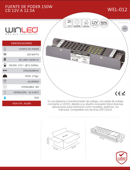 FUENTE DE PODER ALUM 150W 90-260VCA A CD12V 12.5A INTERIOR IP20 WINLED WEL-012