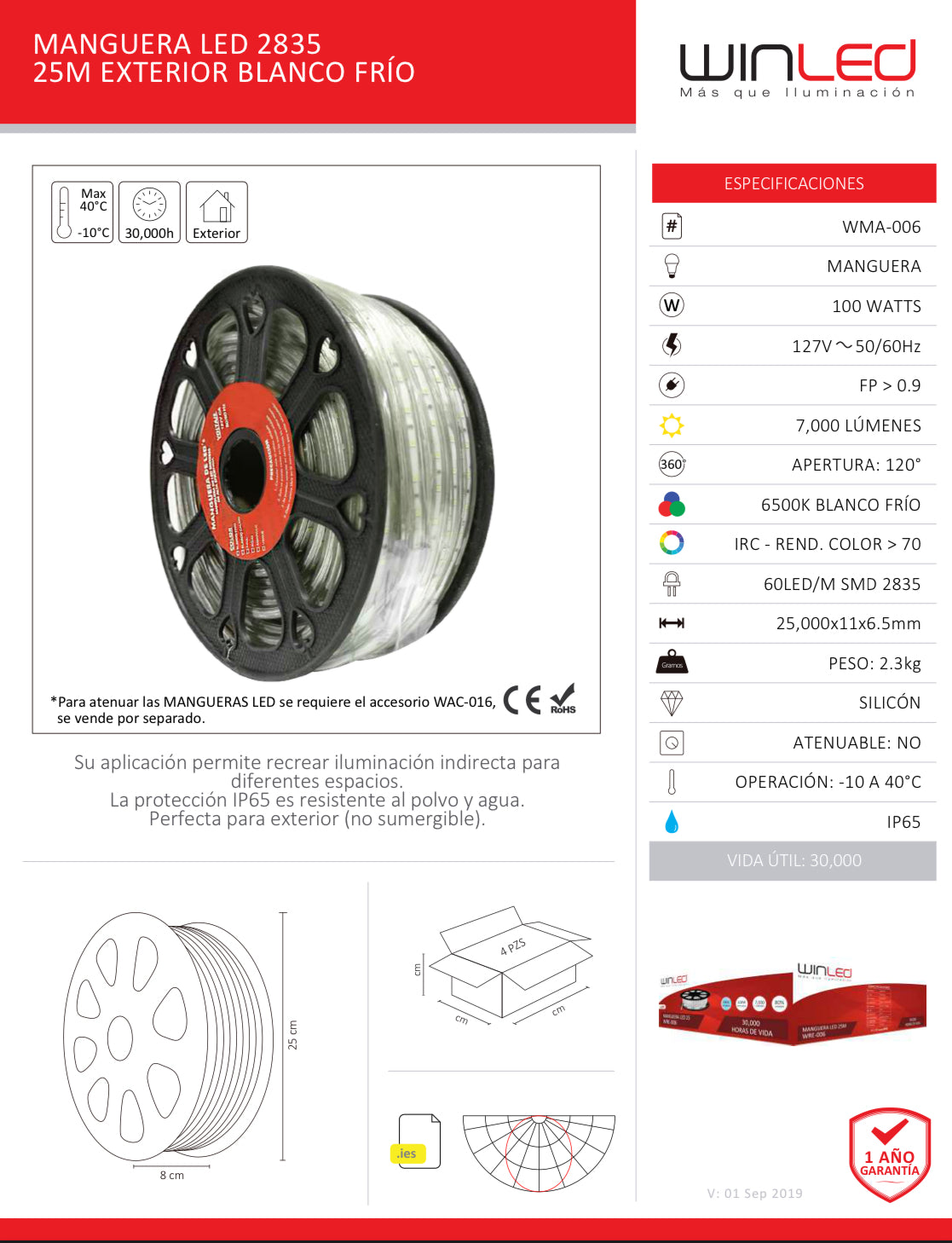 MANGUERA LED 2835 ROLLO 25M EXTERIOR BLANCO FRIO WINLED WMA-006