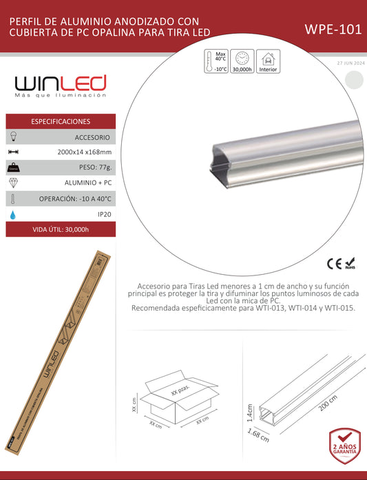 PERFIL DE ALUMINIO ANODIZADO CON CUBIERTA DE PC OPALINA PARA TIRA LED (WPE-101)
