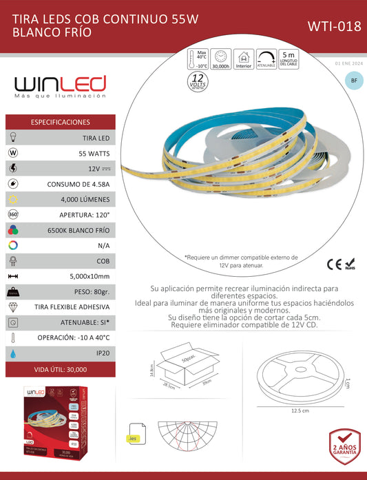 TIRA 1,600 LEDS CONTINUO COB 5M 55W 12VCD INTERIOR IP20 BLANCO FRÍO 6500K WINLED WTI-018