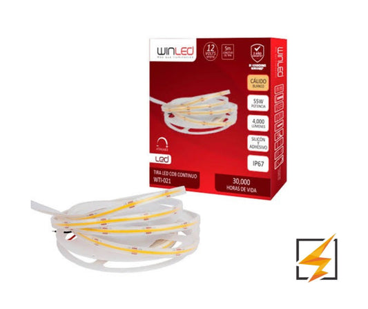 TIRA 1,600 LEDS CONTINUO COB SILICÓN FLEXIBLE 5M 55W 12VCD EXTERIOR IP67 BLANCO CÁLIDO WINLED WTI-021